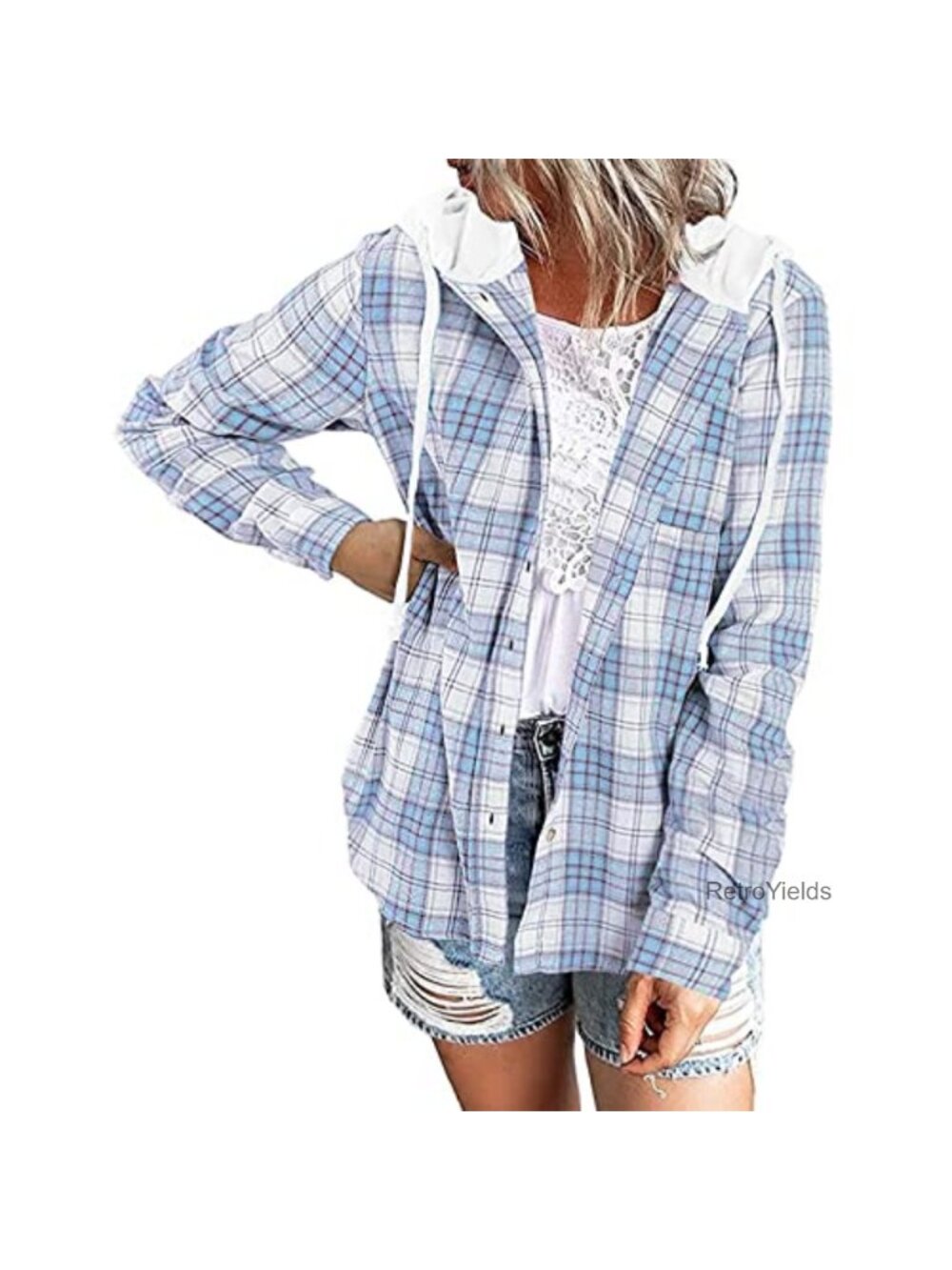 Womens Plaid Flannel Hoodie Shacket Button Down Loose Fit Blouse Top